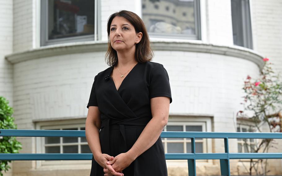 CDC Director Mandy Cohen does a television interview while visiting Vida Senior Centers in Washington, D.C., in September 2023. 