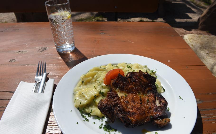 Fried boneless chicken breast with a side of potato-cucumber salad was the special recently at the Peters Alm beer garden in Homburg, Germany, April 19, 2022. The specials change about every two days.