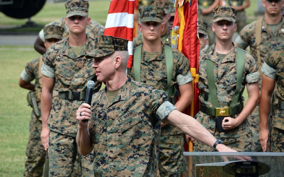 Gen. Eric Smith, assistant commandant of the Marine Corps, speaks at Marine Corps Base Hawaii during a ceremony March 3, 2022, at which 3rd Marine Regiment was redesignated 3rd Marine Littoral Regiment.