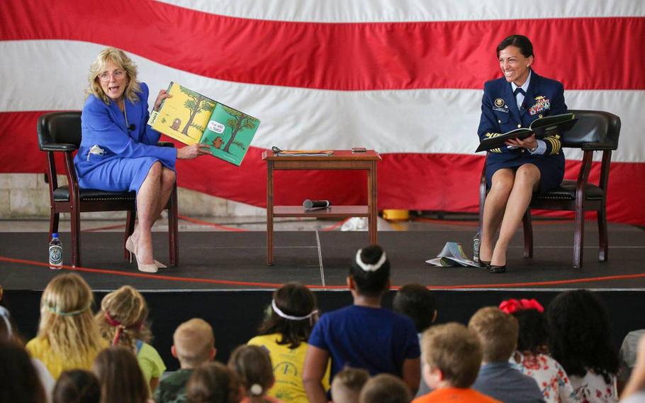 First lady Jill Biden and U.S. Coast Guard Capt. Jo-Ann Burdian read Norman Didn’t Do It!: (Yes, He Did.) by author Ryan T. Higgins at the U.S. Coast Guard Air Station Miami in Opa-locka on Friday, Feb. 18, 2022. 