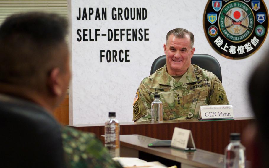 Gen. Charles Flynn, commander of U.S. Army Pacific, makes opening remarks during the Land Forces Summit at Japan’s Ministry of Defense in Tokyo on Dec. 13.