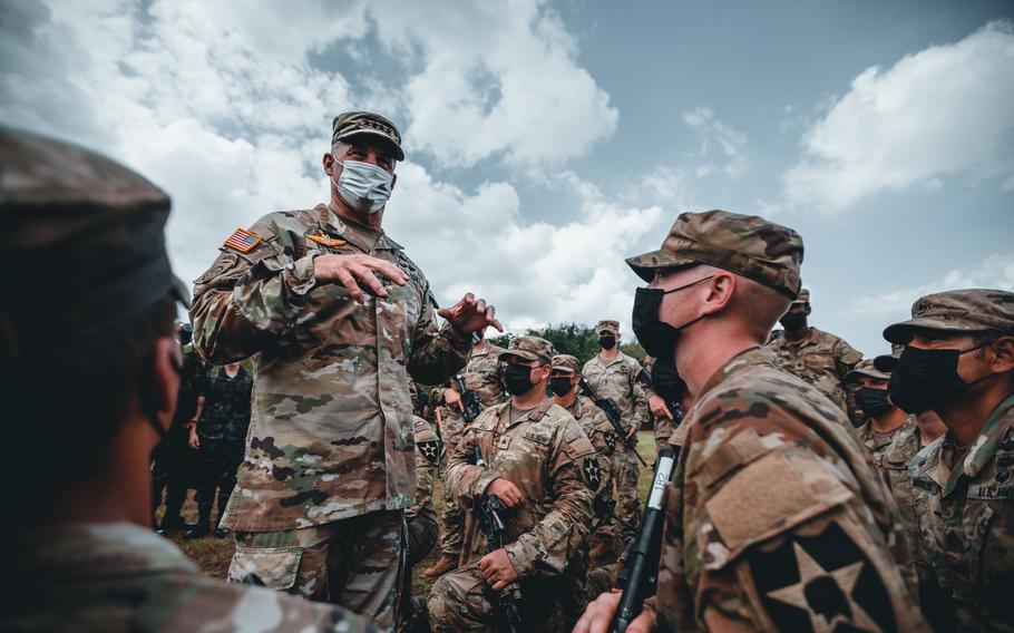 Gen. Charles Flynn, commander of U.S. Army Pacific, speaks with 2nd Infantry Division soldiers during the closing ceremony of the Hanuman Guardian exercise in Lopburi, Thailand, March 24, 2022. 