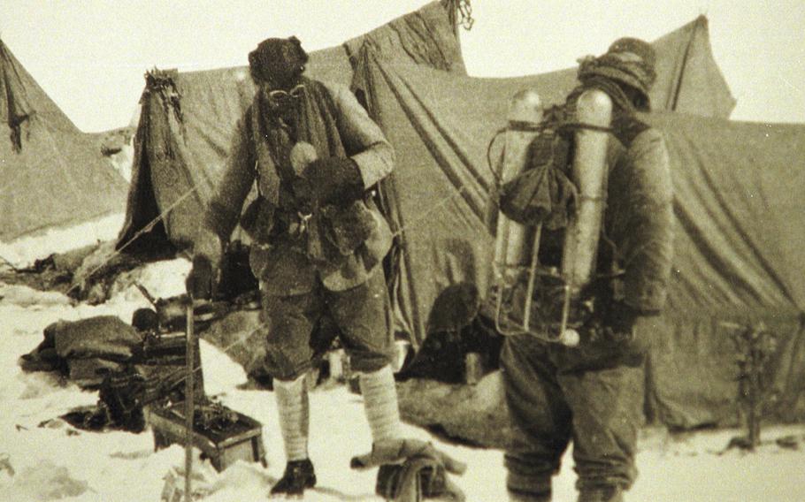 British mountaineer George Mallory and Andrew Irvine at the base camp in Nepal as they get ready to climb Mount Everest June 1924. It is the last image of the men before they disappeared in the mountain. 