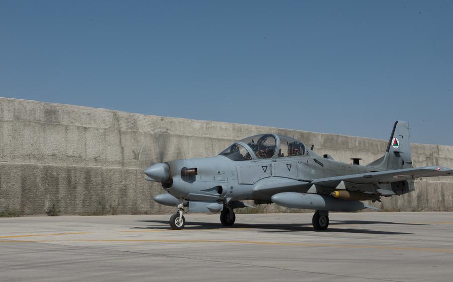 An Afghan A-29 Super Tucano taxis toward the flight line at Kabul Air Wing after being loaded with munitions Sept. 12, 2017, in Afghanistan. A recently declassified government report stated that the Pentagon was aware well before the U.S. pullout from Afghanistan that the Afghan air force could collapse without foreign help.