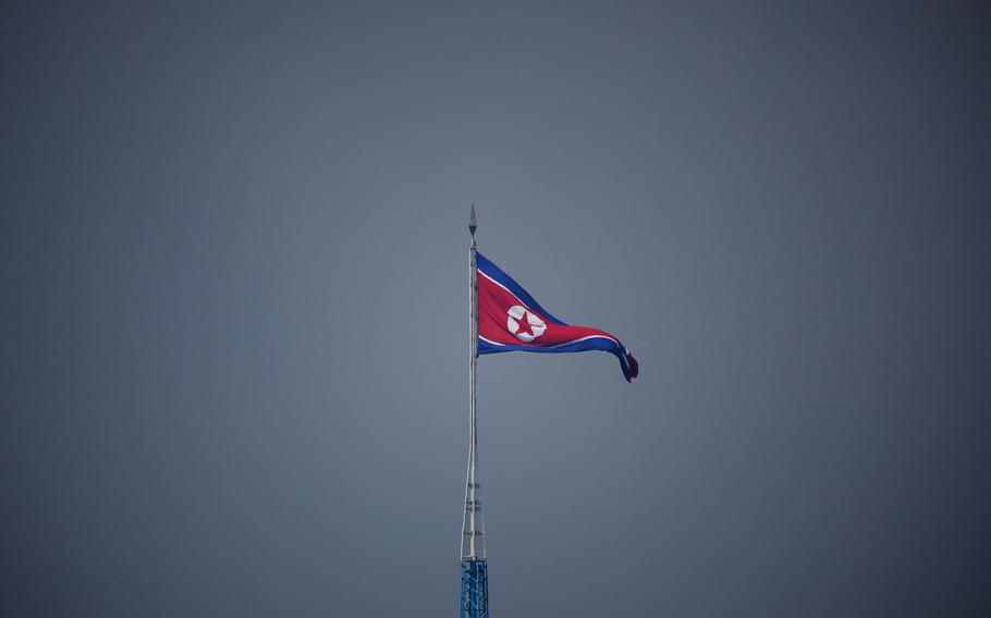 A North Korean flag flutters at the propaganda village of Gijungdong in North Korea, in this picture taken near the truce village of Panmunjom inside the demilitarized zone (DMZ) separating the two Koreas, South Korea, July 19, 2022.