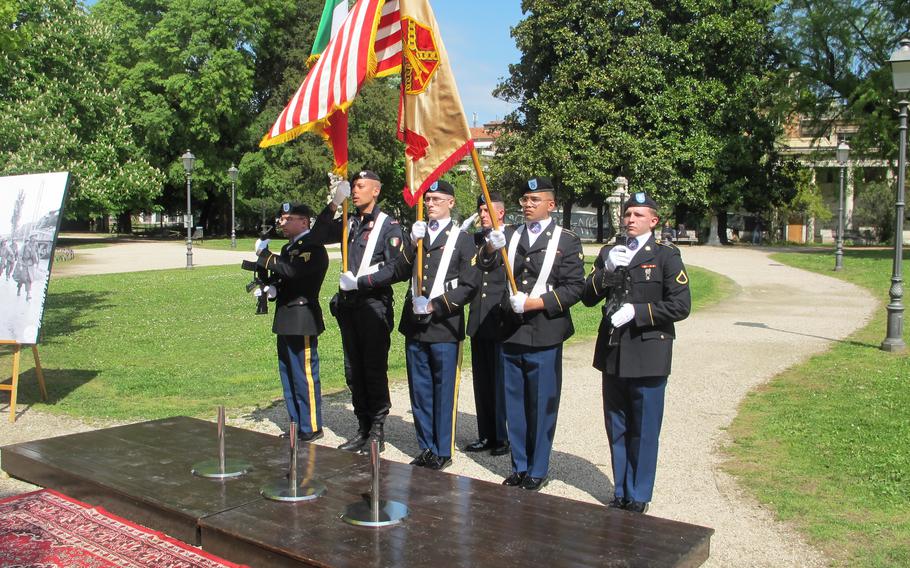 A color guard of U.S. and Italian troops takes part in a ceremony at the Giardini Salvi in Vicenza, Italy, on April 28, 2022. The ceremony marked the fighting that took place 77 years ago, and the sacrifices of U.S. service members who liberated the city 11 days before the war ended on May 8, 1945.