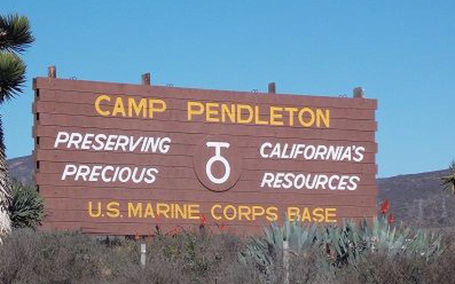 In an undated photo, the sign for Marine Corps Base Camp Pendleton, Calif., posted along Interstate Highway 5 reads, “Preserving California’s Precious Resources.” Camp Pendleton is the premier Fleet Marine Force training base on the West Coast. 