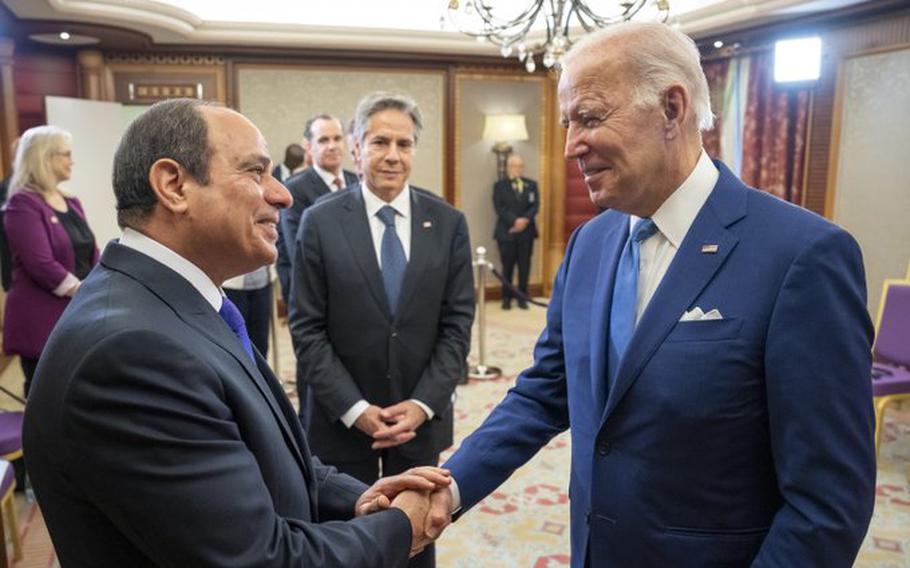 President Biden shakes hands with Egyptian President Abdel Fattah Al Sisi during a meeting on July 17, 2022, in which the two nations reaffirmed their shared commitment to the U.S.-Egypt strategic partnership. Egypt and Saudi Arabia, both U.S. allies, use threats, physical surveillance, hostage-taking and prosecutions to try to silence dissidents and rights activists on U.S. soil, according to evidence presented in a report released this week.