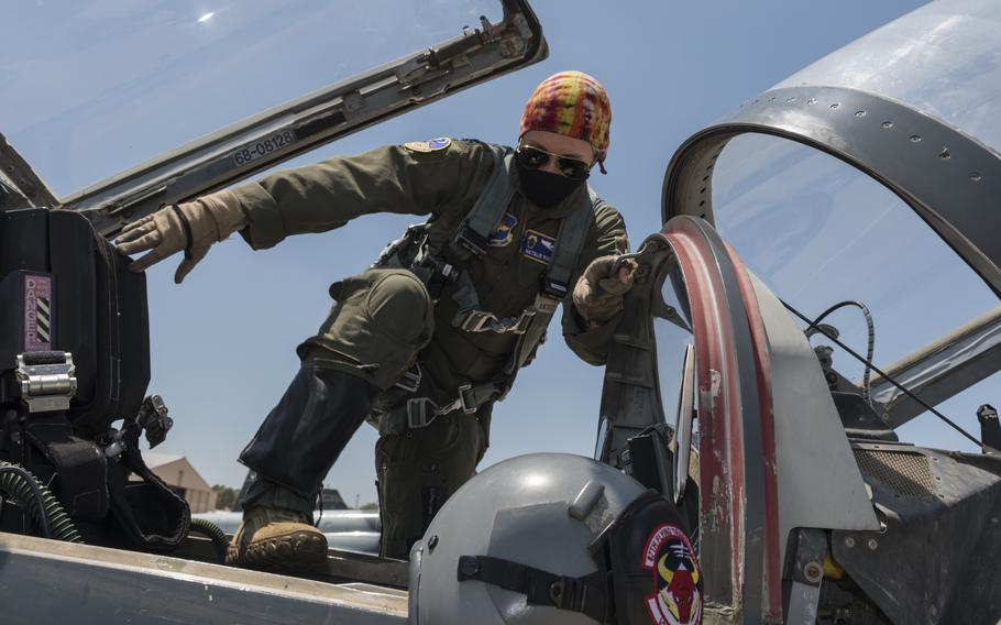 Capt. Natalie Rambish, 47th Operations Support Squadron aircrew and flight equipment commander and instructor pilot, climbs into a seat in a T-38C Talon as she prepares to fly with a student pilot on Aug. 11, 2020, at Laughlin Air Force Base, Texas.