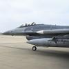 A military fighter jet, seen from the side, taxis onto a runway.