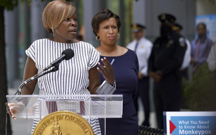 LaQuandra Nesbitt, director of the D.C. Department of Health, with D.C. Mayor Muriel Bowser, D, speaks about the city's response to monkeypox on Monday.