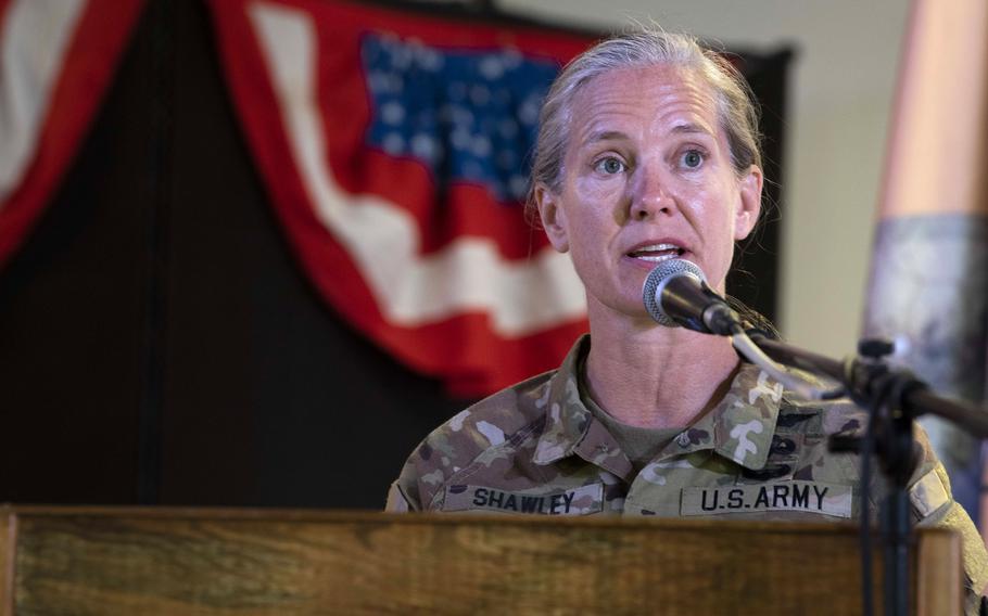 U.S. Army Maj. Gen. Jami Shawley, head of the Combined Joint Task Force-Horn of Africa, speaks after taking command at Camp Lemonnier, Djibouti, May 14, 2022. 