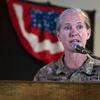 U.S. Army Maj. Gen. Jami Shawley, head of the Combined Joint Task Force  Horn of Africa, speaks after taking command at Camp Lemonnier, Djibouti, May 14, 2022. 