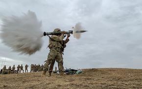 A U.S. Army Soldier from 2nd Squadron, 2nd Cavalry Regiment, stationed in Vilseck, Germany, shoots an anti-armor AT4 weapon during exercise Agile Spirit 19 at Vaziani Training Area, Georgia, August 7, 2019. The training range gave Soldiers an opportunity to gain familiarization and improved proficiency with ranged weaponry. Agile Spirit enhances U.S., Georgian, allied and partner forces' lethality, interoperability and readiness in a realistic training environment. (U.S. Army video snapshot by Spc. Ethan Valetski)