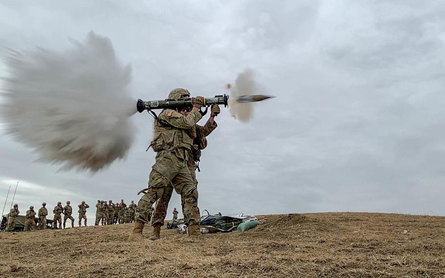 U.S. soldier from the 2nd Squadron of the 2nd Cavalry Regiment stationed in Vilseck, Germany, shoots an anti-armor AT4 weapon in August 2019 at the Vaziani Training Area, Georgia. 