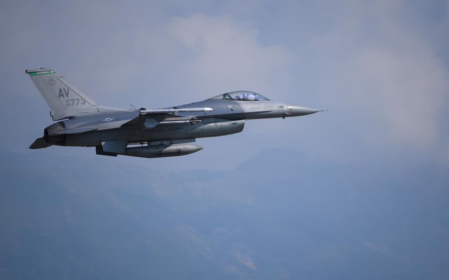 A U.S. Air Force F-16 Fighting Falcon assigned to the 555th Fighter Squadron takes off during exercise Falcon Strike at Aviano Air Base, Italy, June 4, 2021. 