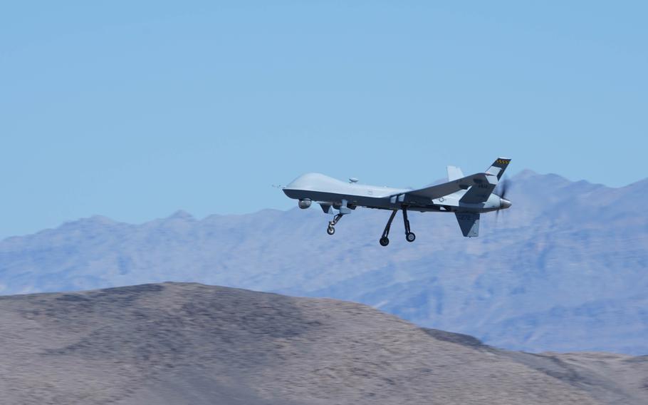 An Air Force MQ-9 Reaper, assigned to the 432nd Wing/432nd Air Expeditionary Wing, comes in for a landing at Creech Air Force Base, Nev., March 16, 2023.