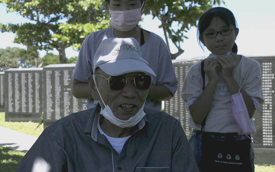 Matsujin Wakugawa discusses his life at the annual Irei no Hi ceremony to commemorate the 77th anniversary of the Battle of Okinawa on June 23, 2020.