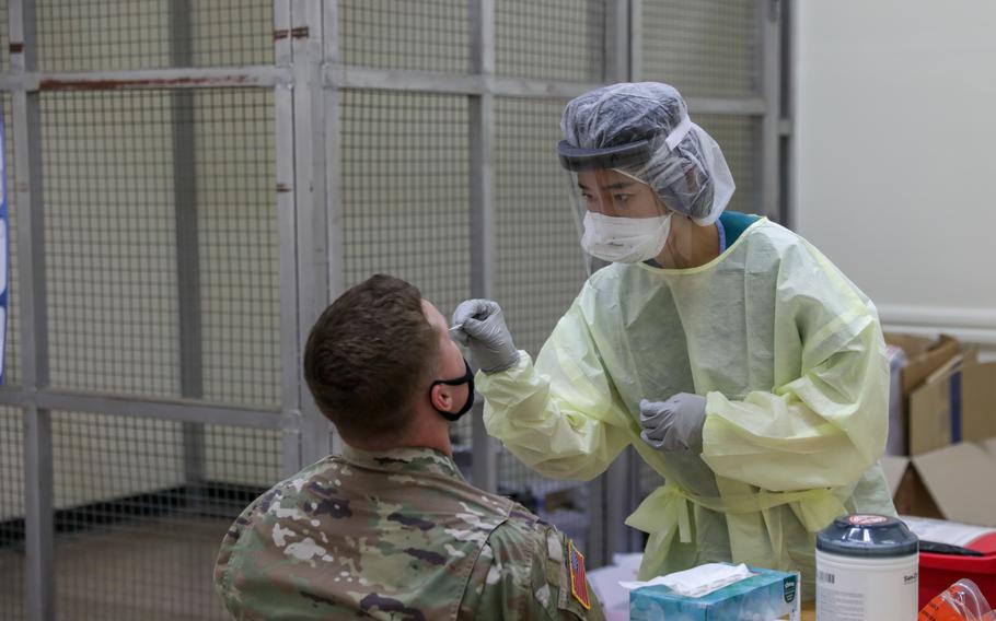 A soldier is tested for COVID-19 at Camp Humphreys, South Korea, Jan. 22, 2021. 