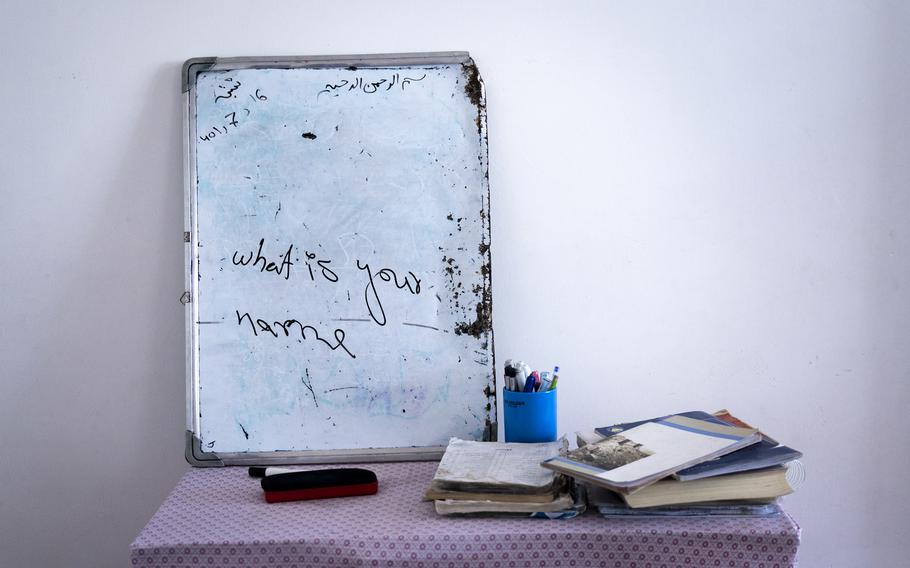 Masouda’s desk and whiteboard in Kabul. 