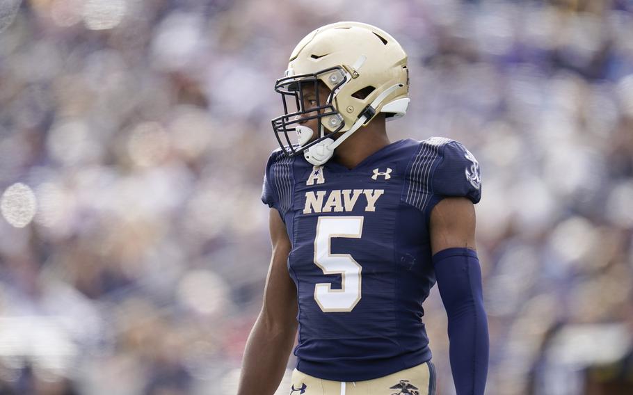 Navy cornerback Michael McMorris waits for a play against Cincinnati during the first half of an NCAA college football game, Saturday, Oct. 23, 2021, in Annapolis, Md.