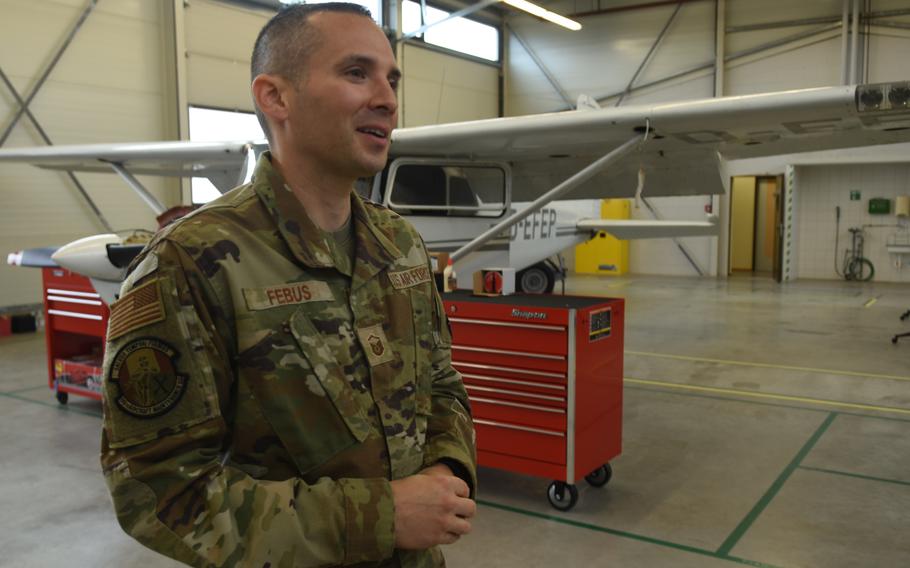 Master Sgt. Jaime Febus, a production superintendent with the 86th Aircraft Maintenance Squadron, talks about the new Airframe and Powerplant training and testing facility at Ramstein Air Base, Germany, Nov. 15, 2022. Febus was instrumental in standing up the program, the first Federal Aviation Administration certification program for aviation maintenance overseas and on a U.S. military base. 