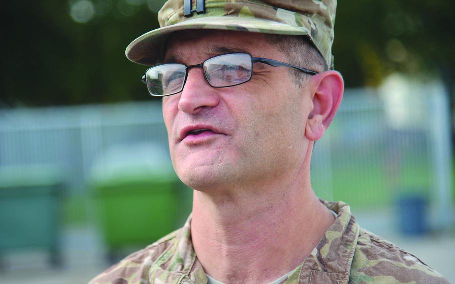 Capt. Luke Henry, a physician assistant with 1st Squadron, 2nd Cavalry Regiment, talks about health issues during the unit's deployment with Battle Group Poland at Bemowo Piskie, Poland, Tuesday, Sept. 11, 2018.
