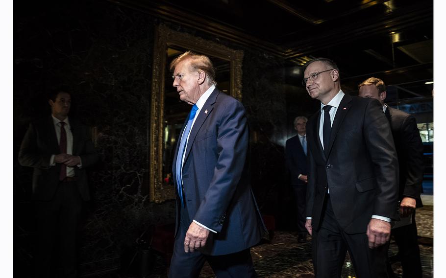 Former president Donald Trump welcomes Polish President Andrzej Duda at Trump Tower in New York on April 17, 2024.