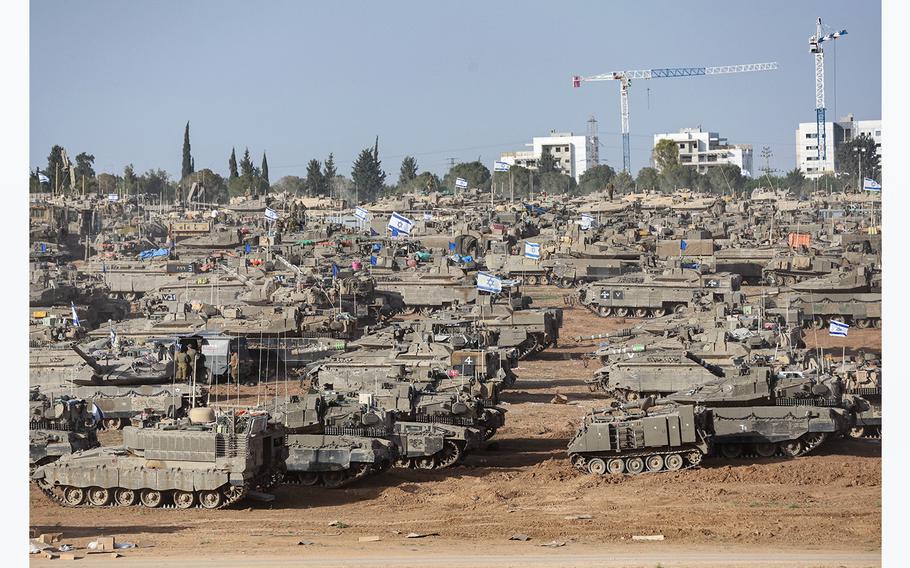 Israeli army battle tanks are positioned in southern Israel near the border with the Gaza Strip on May 9, 2024, amid the ongoing conflict in the Palestinian territory between Israel and the Hamas movement. 
