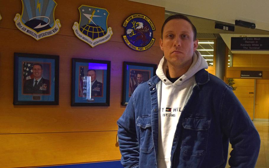 Air Force Staff Sgt. Stephen Hornik stands inside the passenger terminal at Ramstein Air Base, Germany, on Nov. 10, 2023, near the spot where last month he helped save the life of an unconscious military retiree who had collapsed. Medical personnel said Hornik's use of CPR ensured the man's survival.