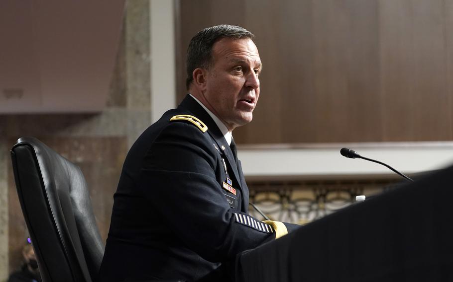 Lt. Gen. Michael Kurilla testifies Tuesday, Feb. 8, 2022, before the Senate Armed Services Committee during his confirmation hearing on Capitol Hill in Washington to be commander of the U.S. Central Command. 