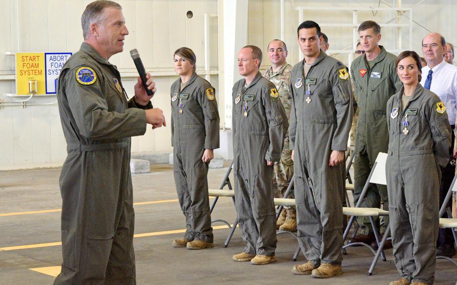 Air Force Brig. Gen. David Eaglin, commander of the 18th Wing, speaks during an awards ceremony at Kadena Air Base, Okinawa, Feb. 8, 2023.