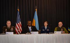 From left, Chairman of the Joint Chiefs of Staff Gen. Mark Milley, Defense Secretary Lloyd Austin and Ukrainian Defense Minister Oleksiy Reznikov begin discussion on providing Ukraine what it needs to fight Russia, during a meeting at Ramstein Air Base, Germany, April 26, 2022. Officials from more than nations gathered for the meeting.