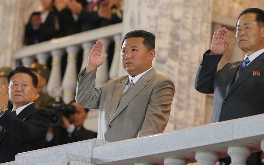 North Korean leader Kim Jong Un gestures during a parade celebrating the 73rd anniversary of the regime’s founding on Sept. 9, 2020.
