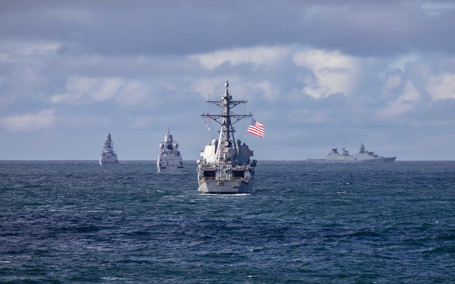 Italian navy frigate Antonio Marceglia, left, Dutch navy frigate De Zeven Provincien, USS Roosevelt and Danish frigate Iver Huitfeldt take part in exercises during Formidable Shield 2021. The biennial missile defense exercise is conducted by Naval Striking and Support Forces NATO on behalf of U.S. 6th Fleet.