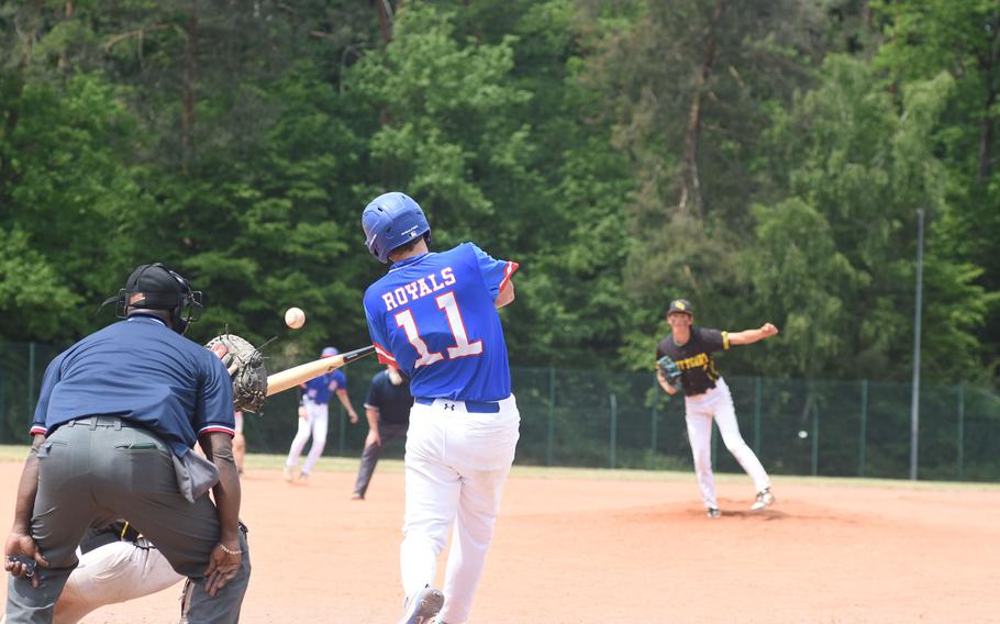 Ramstein's Jacob Vinson hits the ball Wednesday, May 21, 2025, on the opening day of the DODEA-Europe Division I baseball championships at Kaiserslautern, Germany.