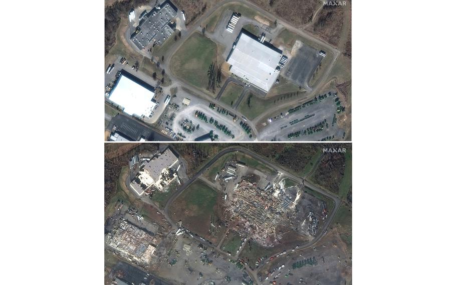 This combination of satellite images provided by Maxar Technologies shows Mayfield Consumer Products candle factory and nearby buildings, in Mayfield, Ky., on Jan. 28, 2017, top, and below on Saturday, Dec. 11, 2021, after a tornado caused heavy damage in the area. Survivors of a tornado that leveled a Kentucky candle factory, killing eight workers, have filed a lawsuit claiming their employer demonstrated “flagrant indifference” by refusing to allow the employees to go home early. (Satellite image ©2021 Maxar Technologies via AP)