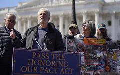 Entertainer and activist Jon Stewart speaks at a press conference on the PACT Act to benefit burn pit victims on Capitol Hill, Tuesday, March 29, 2022, in Washington. (AP Photo/Mariam Zuhaib)