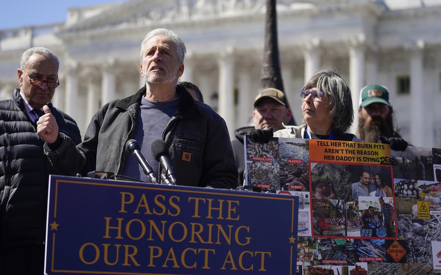 Entertainer and activist Jon Stewart speaks Tuesday, March 29, 2022, at a news conference on Capitol Hill in Washington about the PACT Act to benefit burn pit victims.