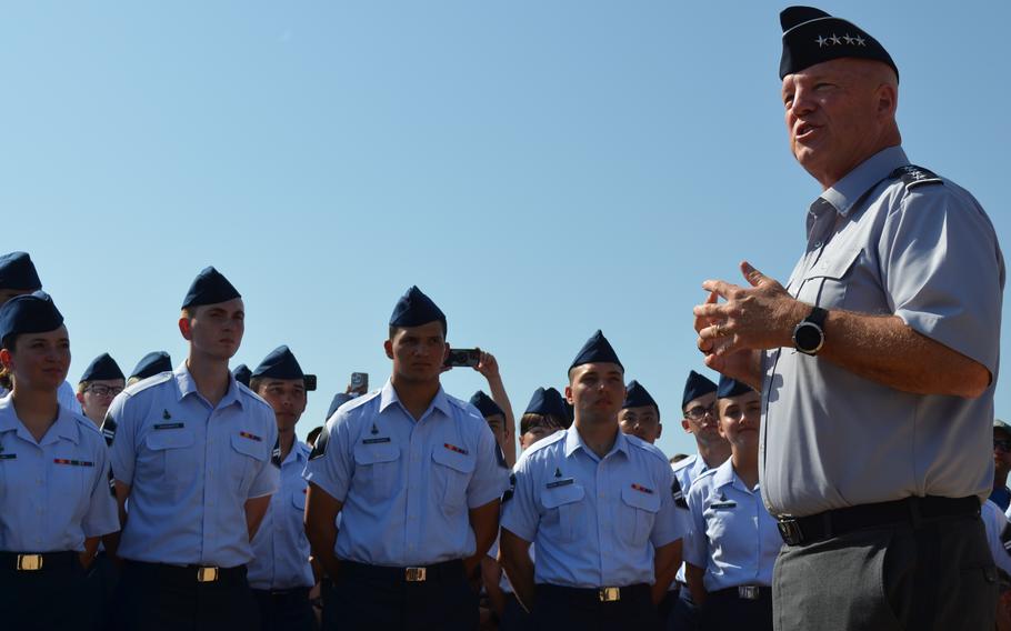 Gen. John Raymond, chief of space operations, addresses the 71 new guardians to graduate basic training Thursday, June 23, 2022, and enter the Space Force. The trainees were the first to participate in a unique, space-centric curriculum in conjunction with Air Force basic training at Joint Base San Antonio-Lackland Air Force Base in Texas.