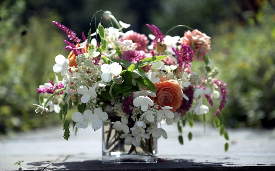 Ami Wilber, floral event decor designer at the Hillwood Museum in Washington, created this short arrangement using dahlias, hydrangeas, ranunculus, celosia, basil and sea oats. 