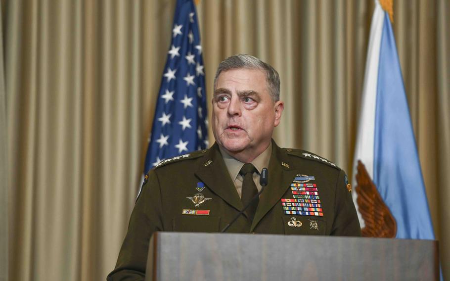 U.S. Army Gen. Mark Milley, the chairman of the Joint Chiefs of Staff, talks with reporters following the Ukraine Defense Contact Group meetings Sept. 19, 2023, at Ramstein Air Base, Germany. Milley emphasized that Ukraine is committed to maintain their resistance against Russian aggression and that Western partners are able to provide long-term support.