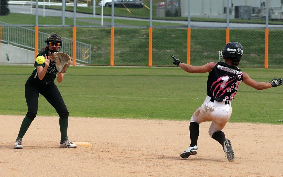 Kubasaki shortstop Cadence Vandentop takes the throw as Kadena's Julia Petruff slides into second.
