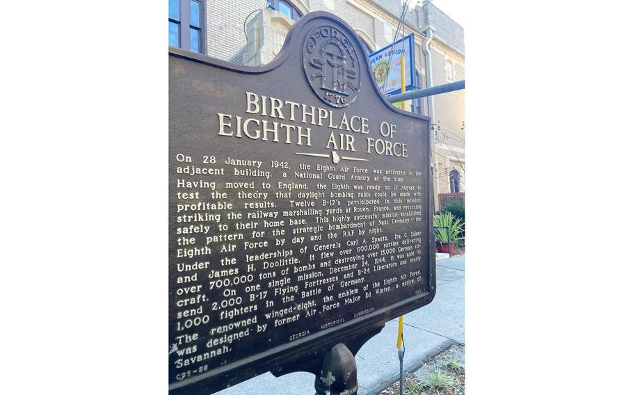 A historical marker stands in front of the Chatham Artillery armory, now the American Legion Post 135, in Savannah, Ga. The building was where the Army Air Corps founded the Eighth Air Force during World War II.