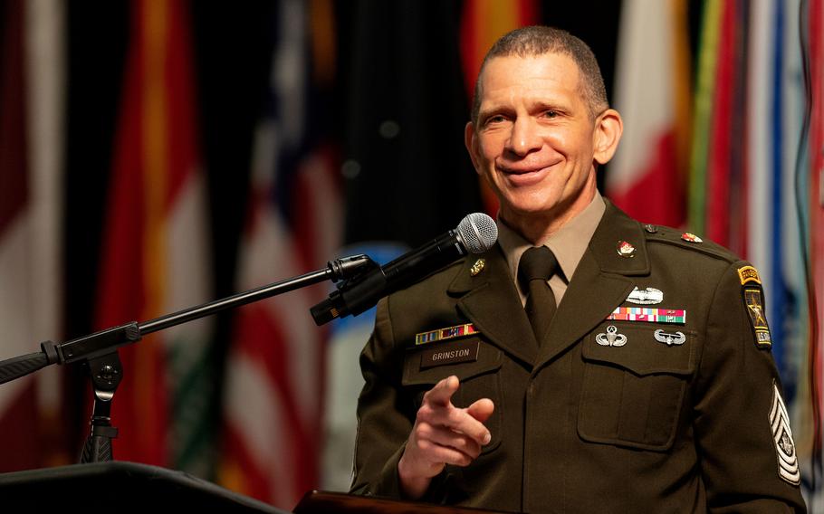 Retired Sgt. Maj. of the Army Michael A. Grinston speaks at a ceremony at Fort Bliss, Texas, June 16, 2023. Grinston is slated to become the new leader of Army Emergency Relief, a nonprofit agency that aids soldiers with financial needs. 