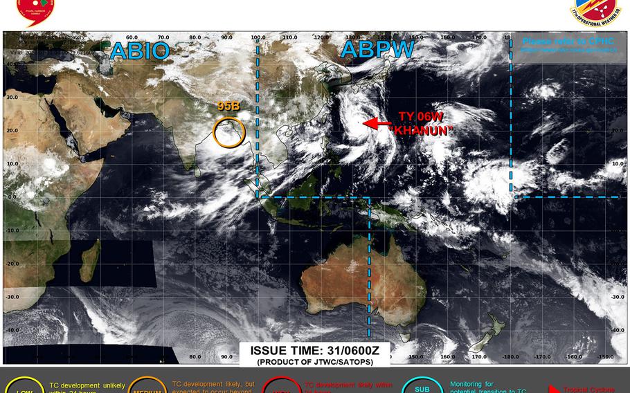 U.S. bases on Okinawa have entered TCCOR 1. Khanun forecast to pass 67 miles southwest of Okinawa at mid-morning Wednesday as a Category 4-equivalent typhoon.