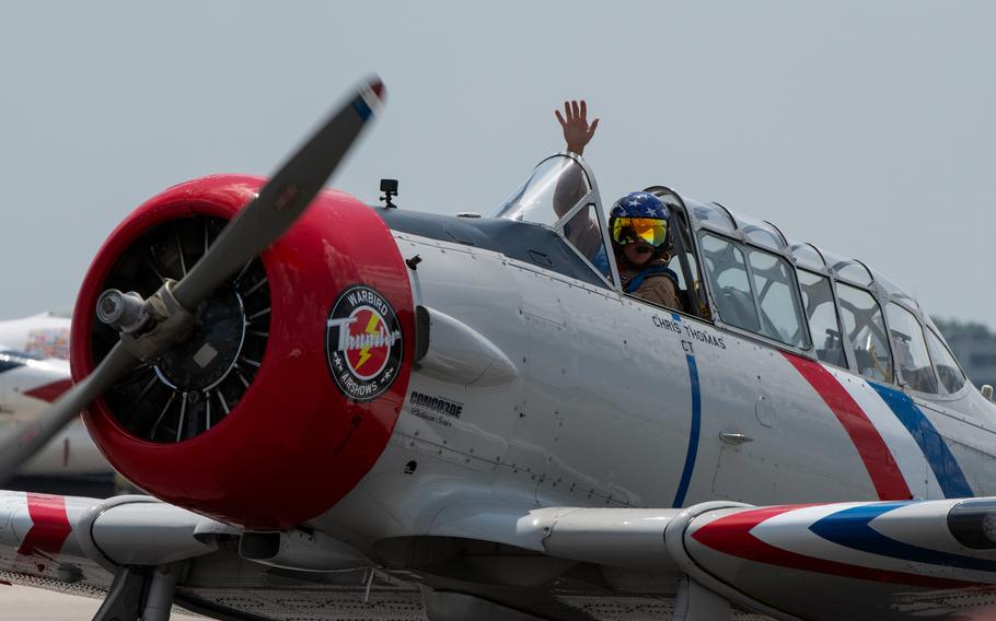 A Warbird Thunder Flying Team SNJ-2 Texan aircraft passes by after performing during the Charleston Airshow at Joint Base Charleston, S.C., Saturday, April 20, 2024. 