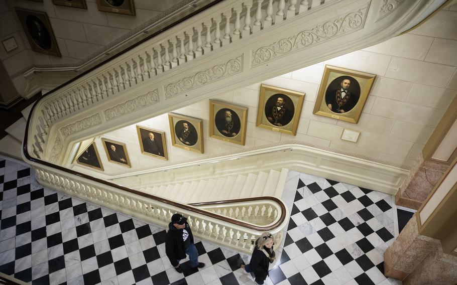 A view of some of the portraits of Masons lining the walls of the Masonic Temple in Philadelphia. 