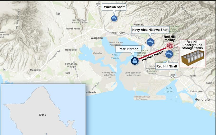 A map shows the location of the Red Hill Bulk Fuel Storage Facility in relation to three water wells maintained by the Navy at Joint Base Pearl Harbor-Hickam, Hawaii.