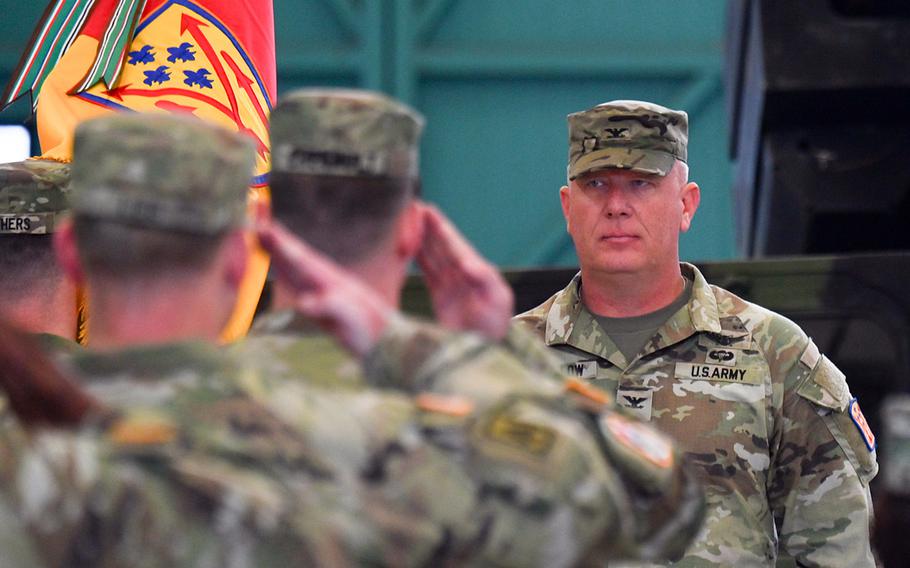 Col. Bruce Bredlow, commander of the 52nd Air Defense Brigade, stands in front of his formation during an assumption of command ceremony for the 5th Battalion, 4th Air Defense Artillery Regiment on Aug. 2, 2023, in Ansbach, Germany. 